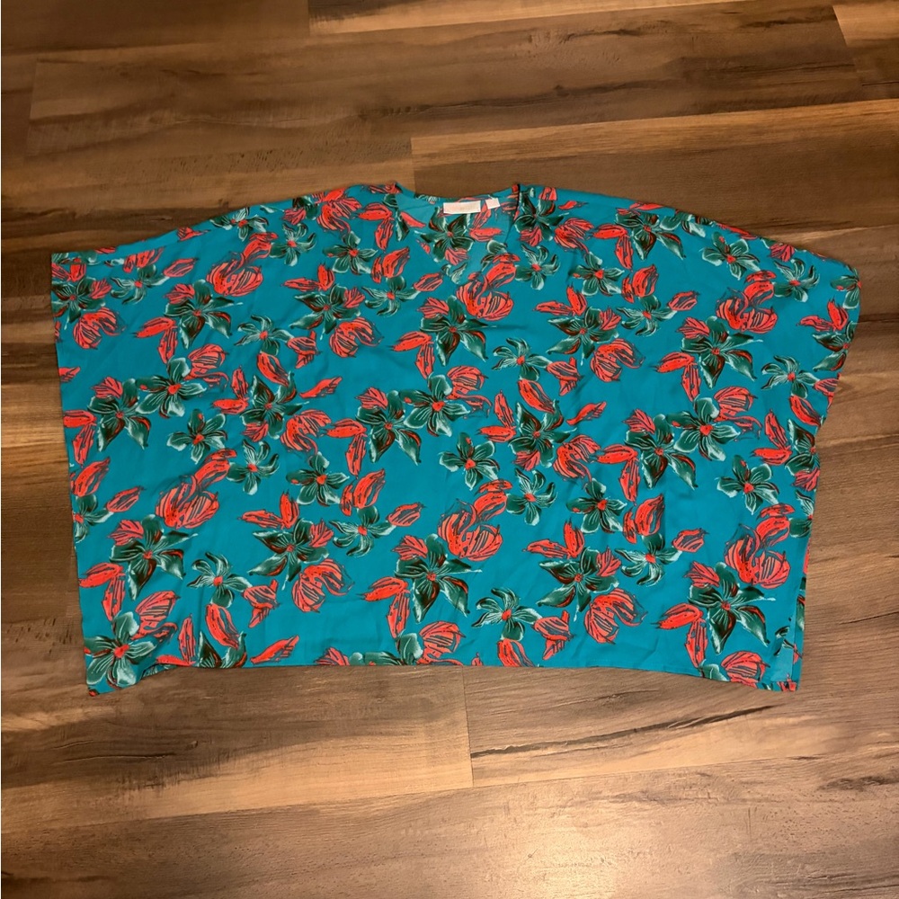 Womens Belle by Kim Gravel Teal Floral Dolman Top with Red Bloom Print Size XS